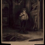 A timid boy entering a darkened barn.